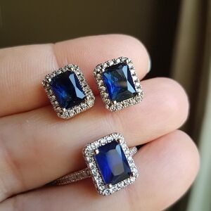 Swarovski Elements 925 Sterling Silver Blue Emerald-cut Solitaire Ring NEW